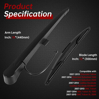 OTUAYAUTO Rear Windshield Wiper Arm Blade Set - Replacement for Chevy Suburban Tahoe 2007-2014, Cadillac Escalade, GMC Yukon 2007-2014 Accessories OEM 15277756 Blade:12"