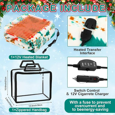 Tuanse 58 x 43 Inches 12 Volt Heated Car Blanket Plug in Portable Car Electric Blanket with Cigarette Lighter, Temperature Controller and Storage Bag for Rv Truck Traveling(White Green,Christmas Tree)