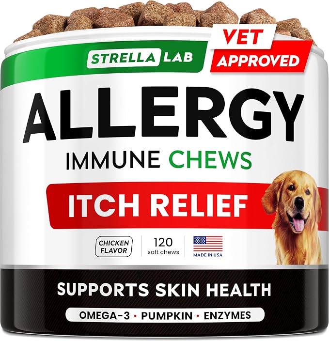 Dog Allergy Relief & Anti Itch Support Chews w/Omega 3: Real Ingredients, Real Taste! Skin & Coat Immune Supplement w/Fish Oil, Pumpkin & Enzymes — Developed by Experts - Made in USA -120Ct