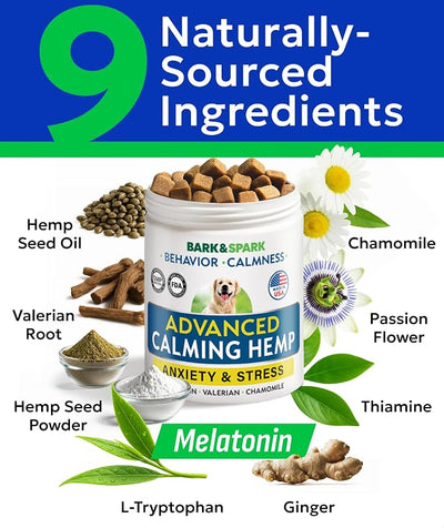 BARK&SPARK Advanced Calming Hemp Treats for Dogs - Hemp Oil + Melatonin - Anxiety Relief - Separation Aid - Stress Relief During Fireworks, Storms, Thunder - Aggressive Behavior, Barking - 180 Chews