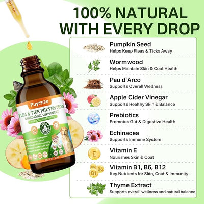 Puyrzoe Dog Flea Treatment Drops, Natural Oral Flea and Tick Prevention for Dogs with Pumpkin Seed, Echinacea, Omega-3/6/9- Support Immunity, Healthy Skin & Coat, Digestion & Overall Wellness