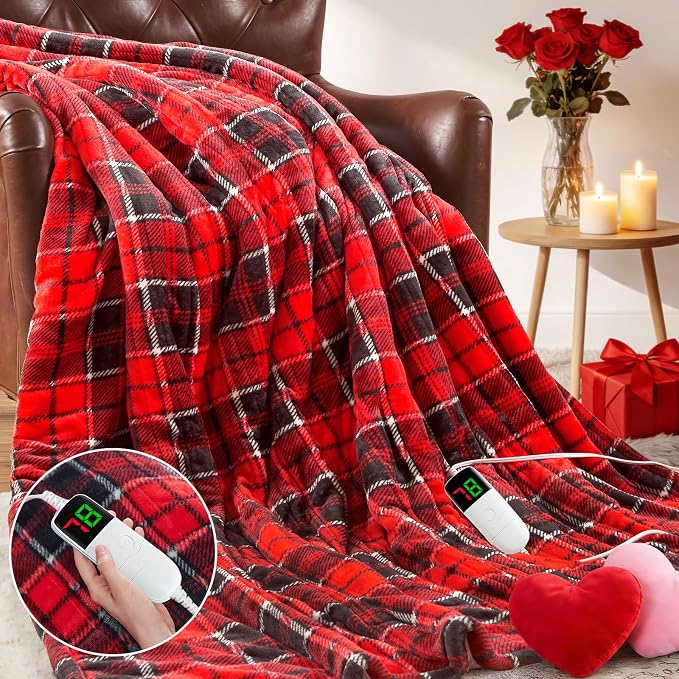 Heated Electric Blanket Full Size,72X84 Heating Blanket,Red Plaid Soft Sherpa Blankets Warmer Gift for Grandma Women Adult,Fast Heating Washable