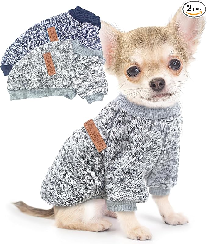 2 Pieces Dog Sweaters for Small Dogs Fall Dog Clothes Male Winter Fleece Dog Sweaters Warm Thick Pet Outfit Small Dog Sweater for Boy Girl Dogs, Chihuahua, Pug, Bulldog, Pug, M, Grey Navy