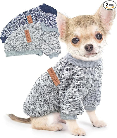 2 Pieces Dog Sweaters for Small Dogs Fall Dog Clothes Male Winter Fleece Dog Sweaters Warm Thick Pet Coat Outfit Small Dog Sweater for Boy Girl Dogs, Chihuahua, Pug, Bulldog, Pug, L, Grey Navy