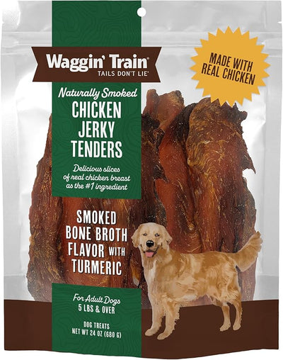 Waggin' Train Smoked Chicken Jerky Tenders for Dogs with Turmeric and Human Grade Bone Broth, Grain and Corn Free, High Protein, Premium Limited Ingredient 100% Real Chicken Dog Treats, 24 oz. Pouch