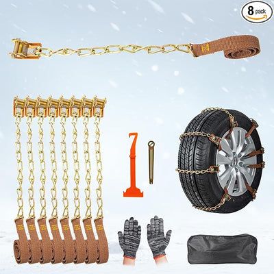 Snow Chains, 8 Packs Anti Slip Tire Chains, Pickup, Truck & SUV, Adjustable Thickening Reusable Anti-Slip Traction Tire Chains - Emergency Use in Snow, Ice, Sand and Mud (Fits 165-285mm Tires)