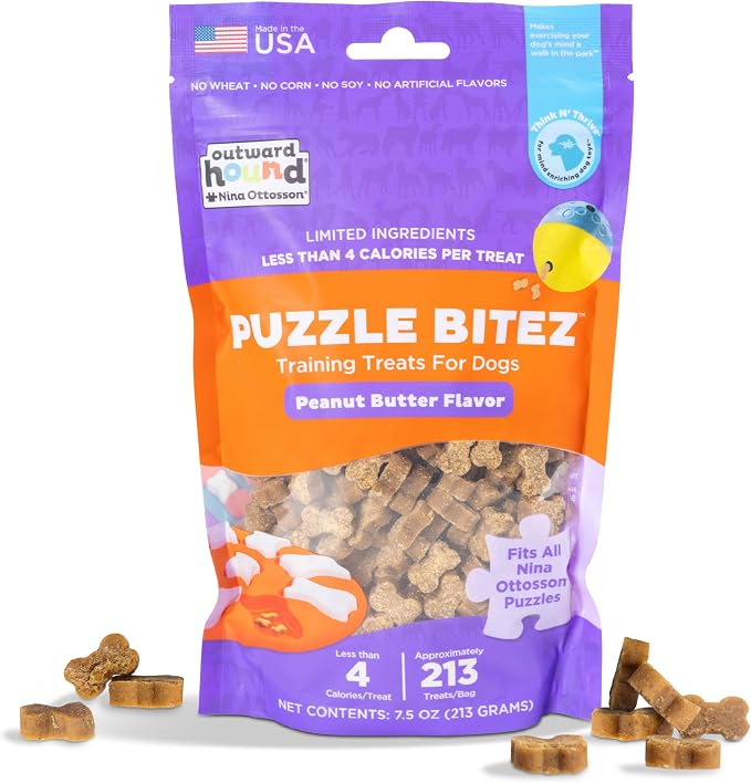 by Nina Ottosson Puzzle Bitez USA Made Dog Treats, Peanut Butter Flavor, Bite-Sized Training Reward and Interactive Puzzle Toy Treats, 7.5oz