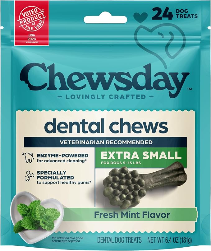Fresh Mint Flavor Dental Chews, Extra Small Dog Treats, Healthier Teeth and Fresher Breath, Enzyme Powered for Advanced Cleaning, Made in the USA, 24 Count