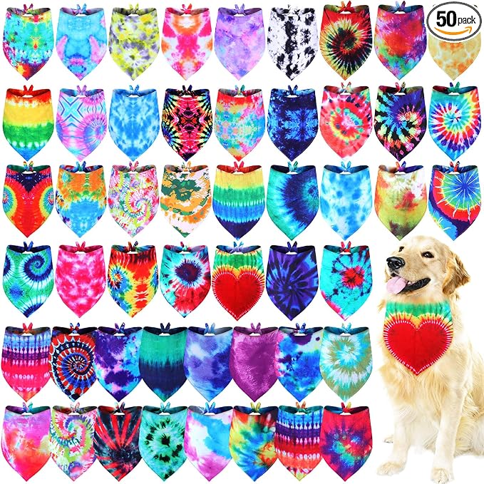 50 Pcs Summer Tie Dye Dog Bandanas Bulk Pet Scarf Grooming Salon Colorful Triangle Washable Male and Female Dog Bib Neckerchief for Puppy Large Pet Birthday Party Decor(Large)