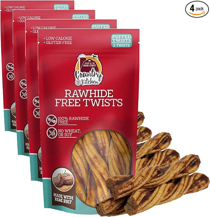 Rawhide Free Beef Twists Dog Chews,Made with Real Beef, Highly Digestible, Gluten Free, 3 Count (Pack of 4)