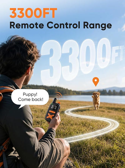 Dog Shock Collar - 3300ft Dog Training Collor with Remote, IP68 Waterproof Rechargeable Collar with Light Strap, 3 Training Modes, Safe Lock, E Collar for 15-120lbs Medium Large Dogs, Neck 14"-25"