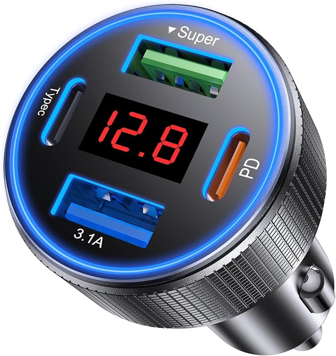 Car Charger USB C Fast Charge, 4 Port 78W Metal Car Phone Charger with Voltmeter, 2 USB-C & 2 USB-A Cigarette Lighter USB Charger Adapter for iPhone 17 16 15 Pro Max, Galaxy S26 S25, iPad