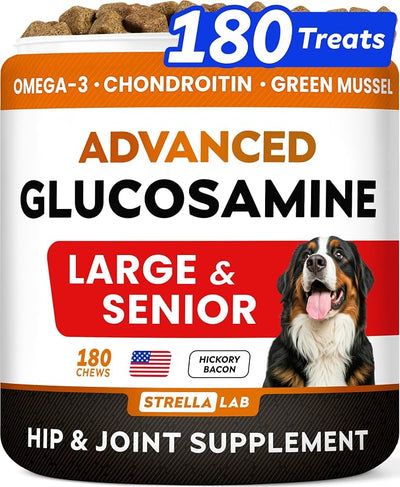 STRELLALAB Advanced Glucosamine Hip & Joint Supplement for Senior Dogs - Green Lipped Mussel & Collagen - Hip & Joint Pain Relief - Large & Small Breed - Joint Health - 180 Chews