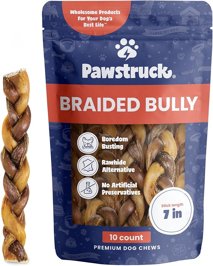 Natural 7” Braided Bully Sticks for Dogs, Tough Long-Lasting, Rawhide-Free, Low Odor, Healthy Single Ingredient Chew Treat for Aggressive Chewers, 10 Count, Packaging May Vary