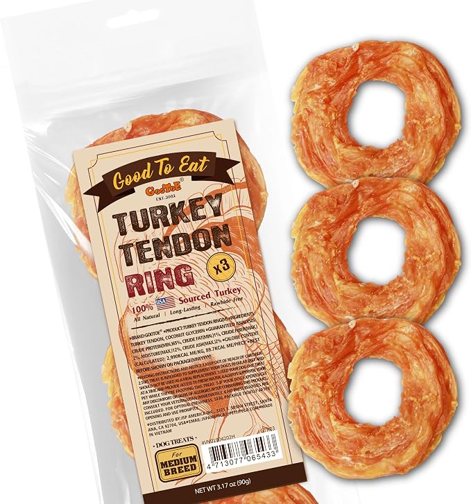 Turkey Tendons for Dogs –All-Natural, Hypoallergenic Dog Treats, Rawhide Alternative, Long Lasting Puppy Chews, Healthy Dog Treats for Medium Breeds, Ring (M), 3 Count Pack