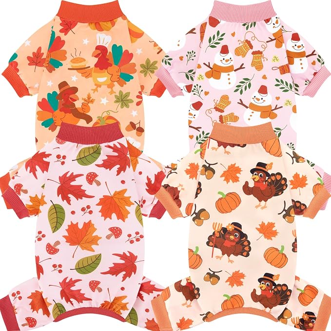 4 Pack Thanksgiving Turkey Dog Pajamas Soft Strechy Puppy Onesies Funny Pet Fall Clothes for Small Medium Dogs Boy Girl Cat Doggy Costume, XL