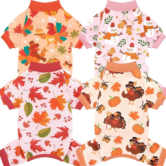 XPUDAC 4 Pack Thanksgiving Turkey Dog Pajamas Soft Strechy Puppy Onesies Funny Pet Fall Clothes for Small Medium Dogs Boy Girl Cat Doggy Costume, 2XL