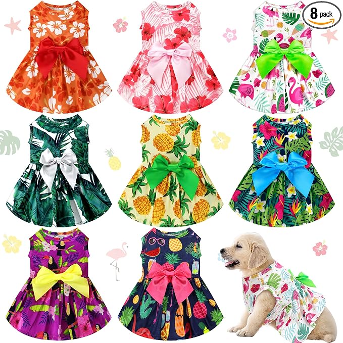 8 Pcs Summer Themed Hawaii Dog Dresses Holiday Flamingo Fruit Floral Pattern Pet Skirts Hawaii Puppy Princess Dresses Outfits Bowknot for Girl Dogs Cats Beach(Medium)