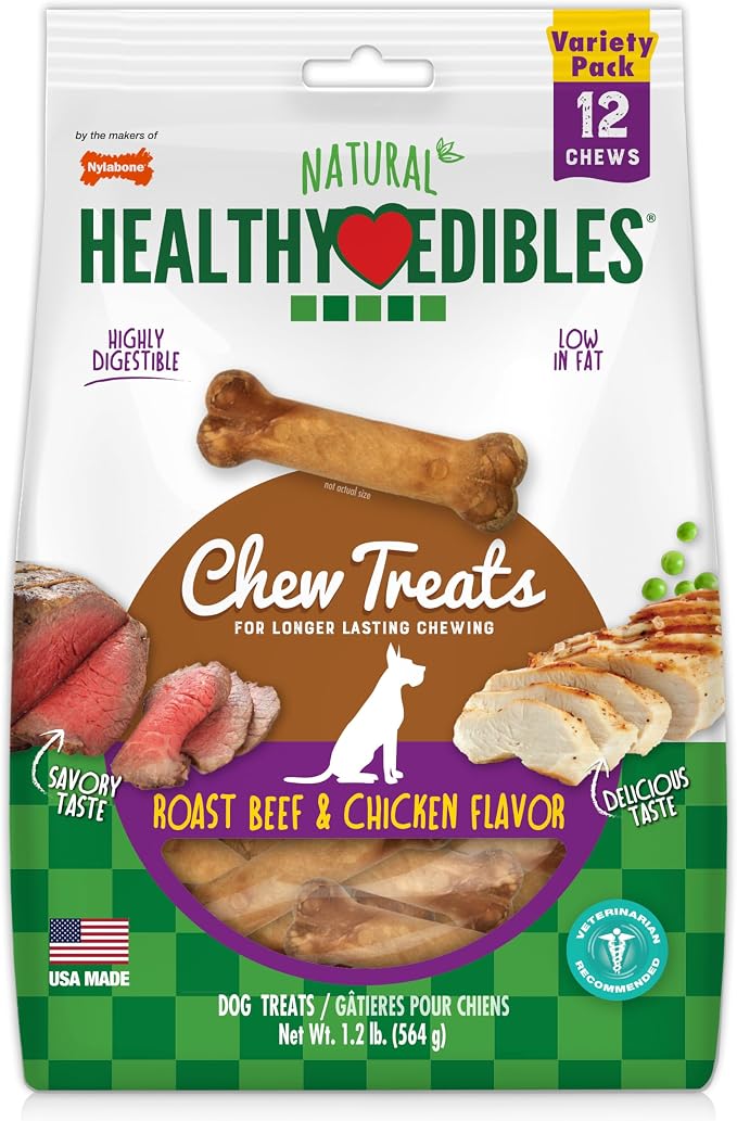 Healthy Edibles Natural Dog Chews, Long Lasting Bones for Dogs, Roast Beef & Chicken Flavor Dog Treats, Small (12 Count)