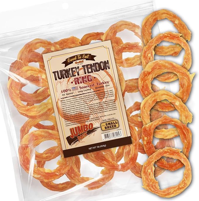 Turkey Tendons for Dogs – All-Natural, Hypoallergenic Dog Treats, Rawhide Alternative, Long Lasting Puppy Chews, Healthy Dog Treats for Small Breeds, Ring, 1 lb