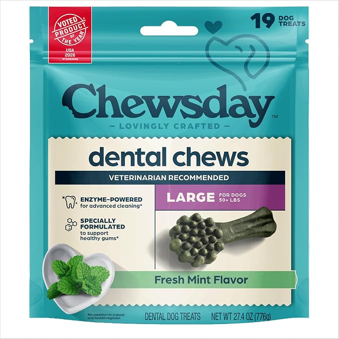 Fresh Mint Flavor Dental Chews, Large Dog Treats, Healthier Teeth and Fresher Breath, Enzyme Powered for Advanced Cleaning, Made in the USA, 19 Count