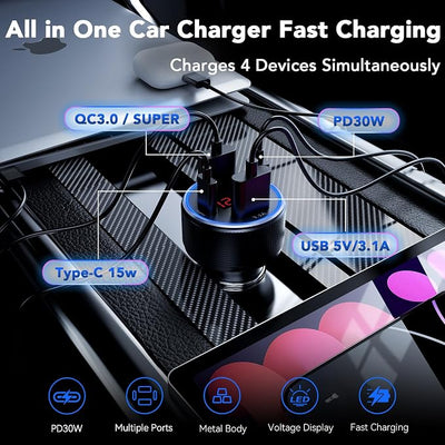 4-Port USB C Car Charger 78W PD Fast Charging 3-Pack | Metal & Safe: Voltage display tracks battery. Smart chip protects devices. Universal fit for all phones, cars & family trips.