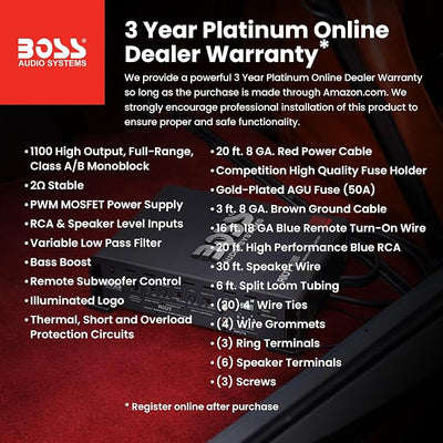 BOSS Audio Systems R1100MK Monoblock Car Amplifier and 8 Gauge Wiring Kit - 1100 High Output, High Low Level Inputs, Low Pass Crossover