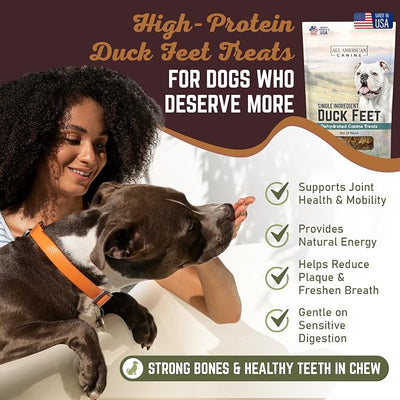 All American Canine 20 Natural Duck Feet Dog Treats – Single Ingredient, Dehydrated & Digestible – Crunchy, Low-Fat, High-Protein Chew for Joint Support & Dental Health – Made in USA