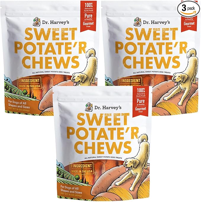 Dr. Harvey's Sweet Potato Chews for Dogs, Dog Treats for Small, Medium, Large Dogs, Natural Dog Snacks for Training, Healthy Teeth, Preventing Bad Breath, and Aggressive Chewers, USA Grown (3 Pack)
