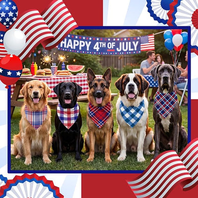 Abbylike 50 Pcs 4th of July Plaid Dog Bandanas Bulk Red White Blue Gingham Bandana for Dogs Triangle Kerchief Bib Scarf for Pet Independence Day 250th Anniversary Patriotic Party Costume, 25 Styles