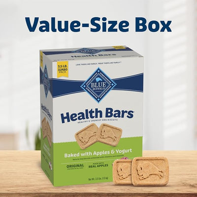 Blue Buffalo Health Bars Apples & Yogurt Crunchy Dog Biscuits, Oven-Baked with Real Apples & Natural Ingredients, Healthy Dog Treats with No Artificial Flavors or Preservatives, Jumbo Box 3.5 lbs.