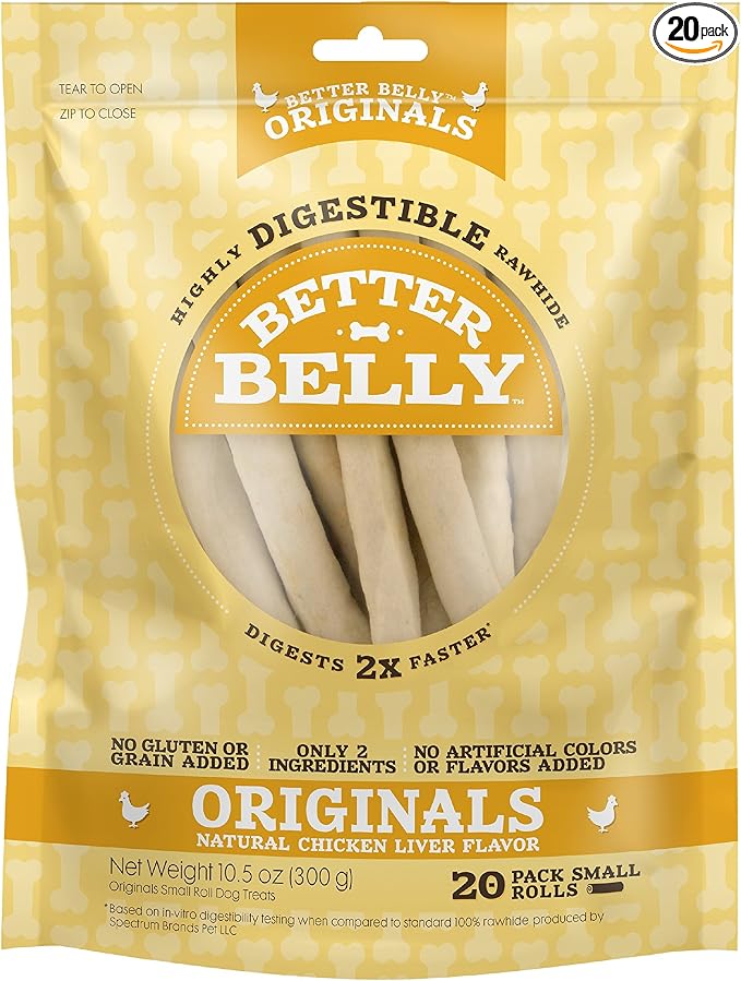 Better Belly Originals Natural Chicken Liver Flavor Small Rolls 20 Count, Highly Digestible Rawhide