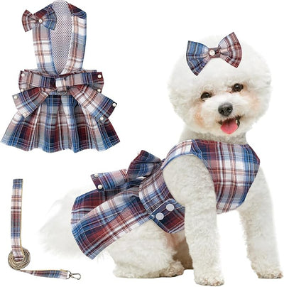 Coppthinktu Plaid Dog Dresses for Small Dogs Girl Bowknot Harness Leash Set, Cute Small Dog Dress Harness Cat Clothes Female with Pearl Bow Hair Clip, Summer Puppy Dress Yorkies Chihuahua Outfits