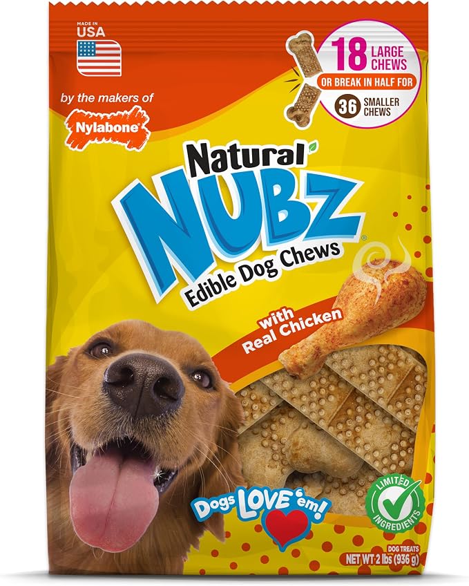 Nylabone Nubz Natural Dog Treats, Long Lasting Chew Bones, Made in the USA, Chicken Flavor Breath Freshener, Large Bones For Dogs Over 30 lbs. (18 Count)