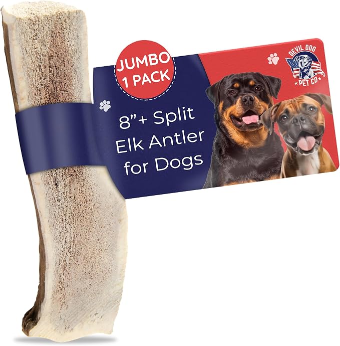 Split Elk Antlers for Dogs, Natural Dog Chew with Exposed Marrow - Long Lasting and Odor Free - USA Sourced - Cleaner Teeth, Anxiety & Boredom Relief - Jumbo 8"+ - Antler Bone