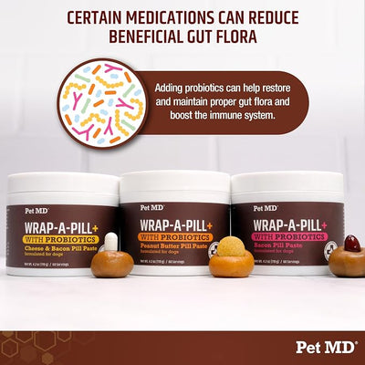 Pet MD Wrap-A-Pill with Dog Probiotics - Pill Wrap for Dogs Medicine - Easy-to-Use Paste to Hide Capsules, Create Pockets and Treats for Dogs - Cheese & Bacon (4.2oz)