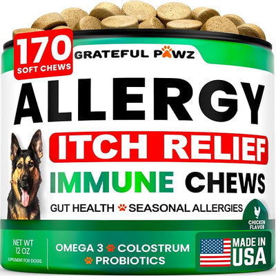 Dog Allergy Chews - Dog Allergy Relief - 170 Treats with Probiotics and Colostrum for Itchy Skin Relief to Support Seasonal Allergy and Healthy Immune System - All Natural Anti-Histamine - Made in USA