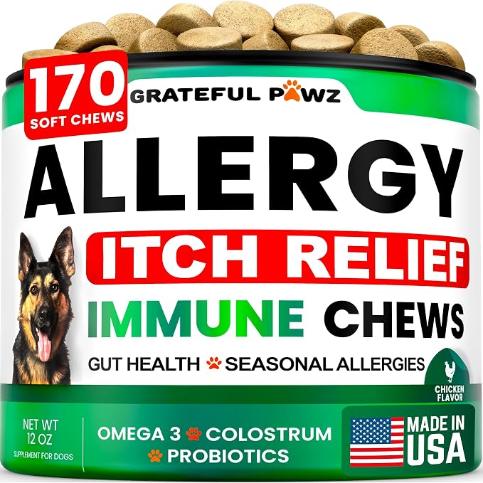 Dog Allergy Chews - Dog Allergy Relief - 170 Treats with Probiotics and Colostrum for Itchy Skin Relief to Support Seasonal Allergy and Healthy Immune System - All Natural Anti-Histamine - Made in USA