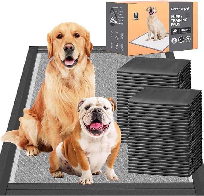 Charcoal Puppy Pads 28x34 Inches Extra Large Dog Pee Pads Odor-Control & Leak-Proof Disposable Pet Training Black New Edge-Wrapping Thicken Potty Pad for Dogs, Cats, Rabbits (30 Pieces)