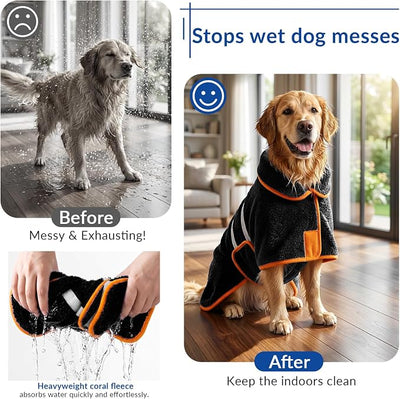 Bienbee Dog Bathrobe, Quick Drying Super Absorbent Pet Robes for Small Medium Large Dogs, Drying Coat for After Bath & Swim, Warm & Cozy Dogs Towels, Dog Puppy Bath Supplies, Black L
