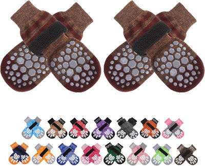 PUPTECK Anti-Slip Dog Socks with Double Sides for Small Medium Large Dogs Hardwood Floors Prevents Licking, Dog Shoes for Hot Pavement Traction Control Paw Protector for Senior Dogs, Striped Brown XS