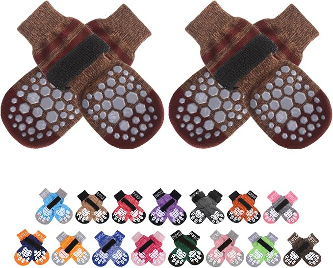 Anti-Slip Dog Socks with Double Sides for Small Medium Large Dogs Hardwood Floors Prevents Licking, Dog Shoes for Hot Pavement Traction Control Paw Protector for Senior Dogs, Striped Brown S