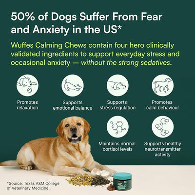 Wuffes Calming Soft Chews for Dogs, Stress Support Supplement with Relora®, GABA, L-Tryptophan & Chamomile, Sedative-Free Calming Relief for All Dogs, 60 Soft Chews