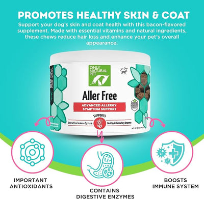 ONLY NATURAL PET AllerFree Advanced Allergy Support for Dogs w/Quercetin & Probiotics - Immune, Respiratory, Skin & Coat Health - Itchy Paws & Licking - Bacon-Flavored 60 Soft Chewable