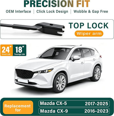 Windshield Wiper Blades Replacement for Mazda CX5 CX9 2017 2018 2019 2020 2021 2022 2023 Original Factory Quality Front Rear Wiper Blade Set - 24" 18" 14" (Set of 3)