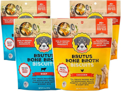 Brutus Bone Broth Biscuits Bundle Pack - Chicken and Beef Healthy Dog Treats, Pack of 4 (8oz) - All Natural, Tasty & Nutritious