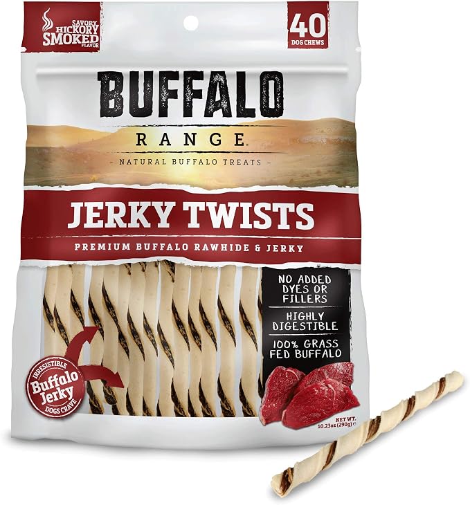 Buffalo Range Rawhide Dog Treats - Healthy, Grass-Fed Buffalo Jerky Raw Hide Chews - Hickory Smoked Flavor - Jerky Twist, 40 Count