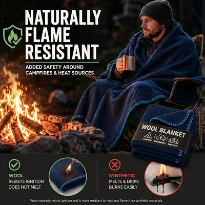 Wool Camping Blanket – 70% Wool Heavy-Duty Military Style Throw, Warm & Washable, Fire Retardant Cover for Emergency, Survival & Outdoor Use – Perfect for Camping, Car, Home & Hiking, Navy 62x84