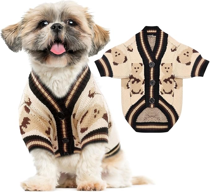 ABRRLO Small Dog Sweaters Cute Bear Dog Cardigans Clothes for Small Medium Dogs Boy Girl Puppy Cat Knitting Cardigan Outfits Dogs Winter Coats Warm Pet Doggy Clothes Soft Knitwear (Beige, Small)