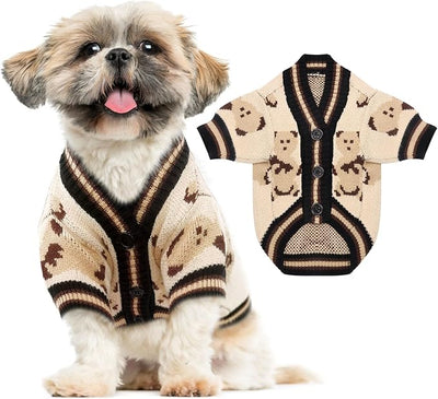 ABRRLO Small Dog Sweaters Cute Bear Dog Cardigans Clothes for Small Medium Dogs Boy Girl Puppy Cat Knitting Cardigan Outfits Dogs Autumn Coats Warm Pet Doggy Clothes Soft Knitwear Apparel (Beige,L)